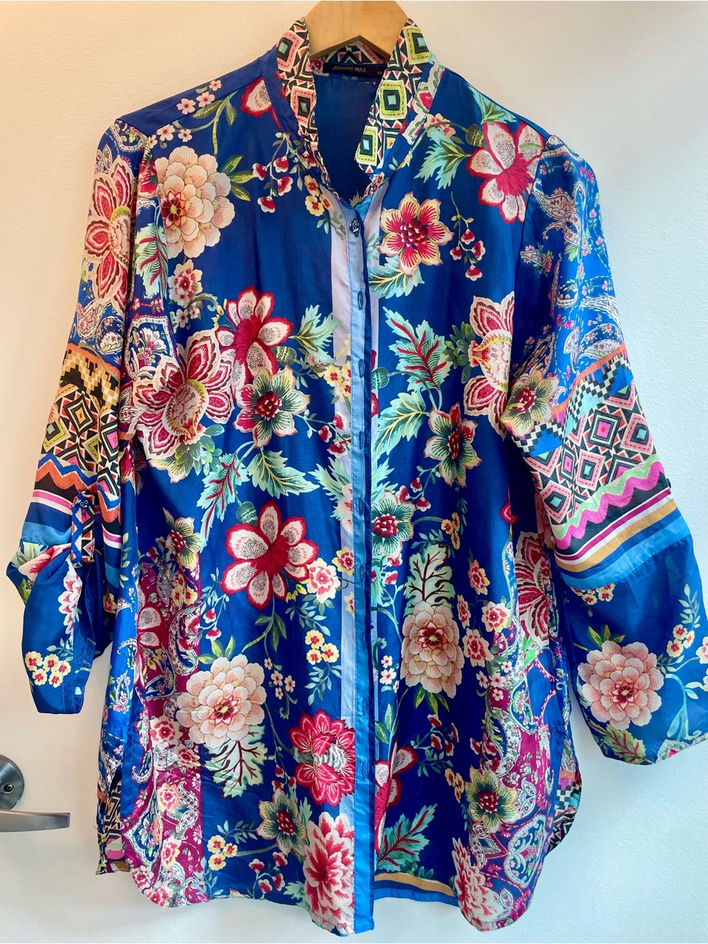 Johnny Was 100% Silk Blue with Floral Button-Down Tunic Blouse Small
